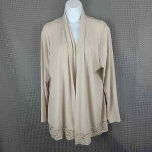 Susan Graver Beige Open Front Cardigan Lace Trim Long Sleeve Womens Medium